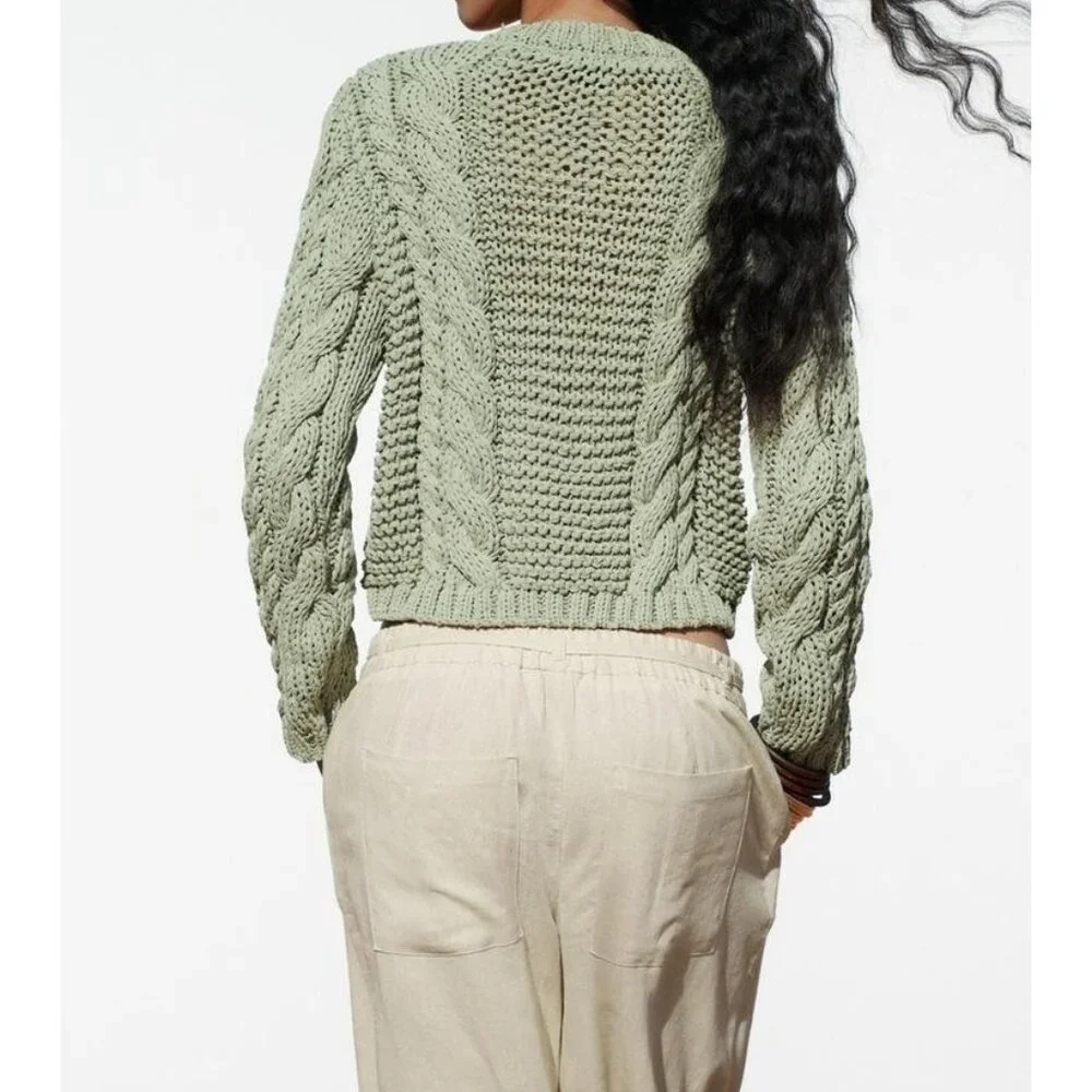 Zara Women Knit Sweater Cardigan Chunky S Small Green flower button 3920/237 NWT - Picture 3 of 16